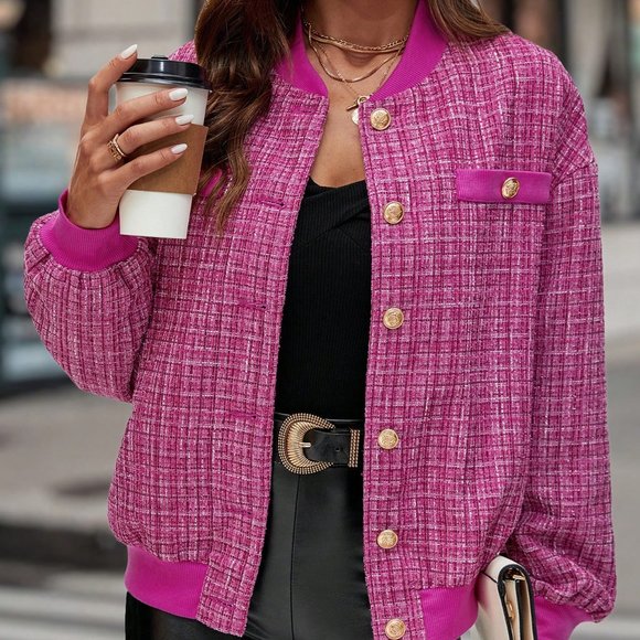 Pink Preppy Womens Plaid Pattern Drop Shoulder Tweed Overcoat - Picture 2 of 5